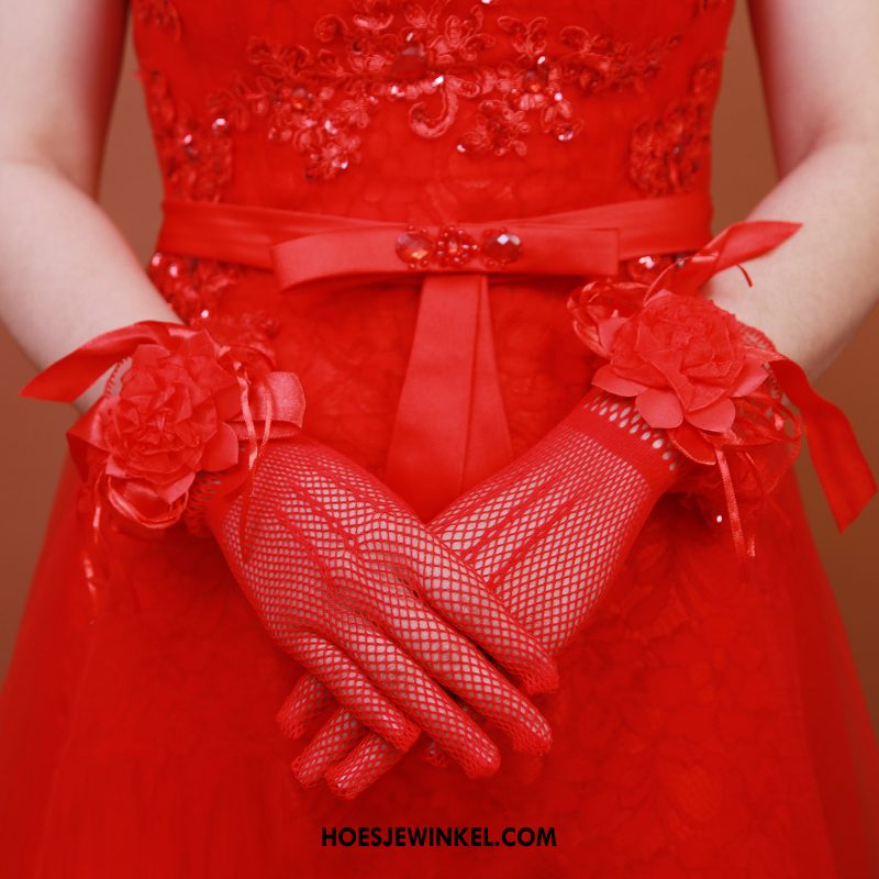 Handschoenen Dames Lange Satijn Bruid, Handschoenen Handschoen Bruiloft Rot Weiß