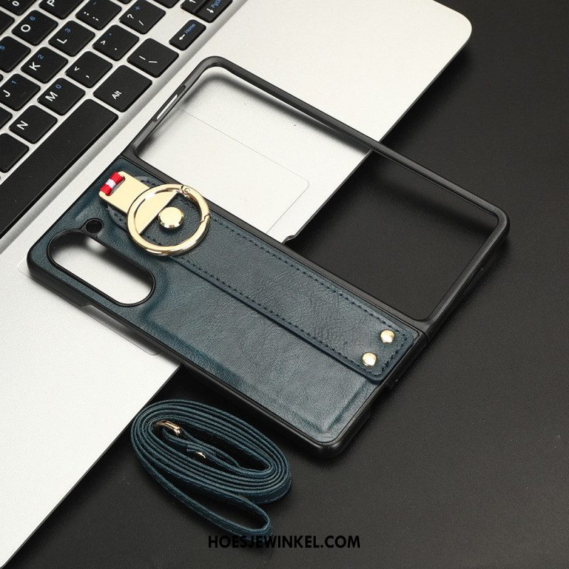 Hoesje Samsung Galaxy Z Fold 5 Kunstleer Met Ring En Schouderband
