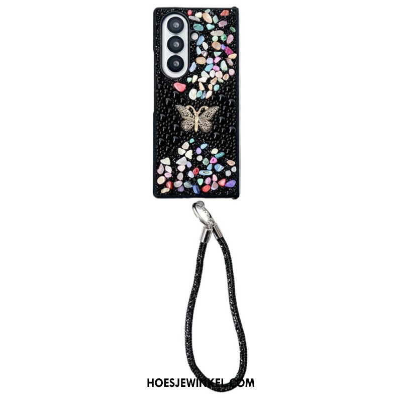 Hoesje Samsung Galaxy Z Fold 7 Vlinder Met Strasssteentjes En Riem Bescherming Hoesje