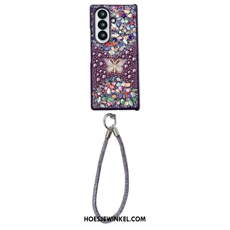 Hoesje Samsung Galaxy Z Fold 7 Vlinder Met Strasssteentjes En Riem Bescherming Hoesje