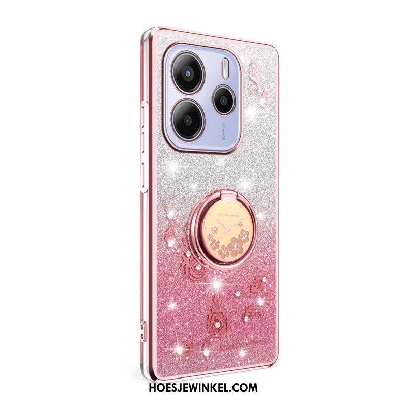 Hoesje Voor Xiaomi Redmi Note 14 4g Ringhouder Met Strass-steentjes En Bloemen