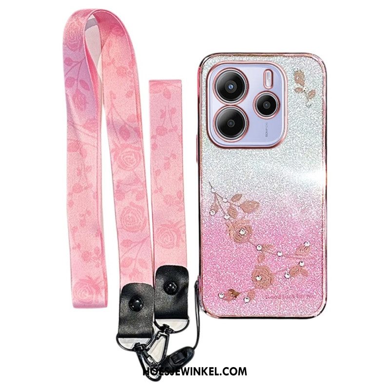 Hoesje Voor Xiaomi Redmi Note 14 4g Strass-steentjes En Bloemen Met Koord