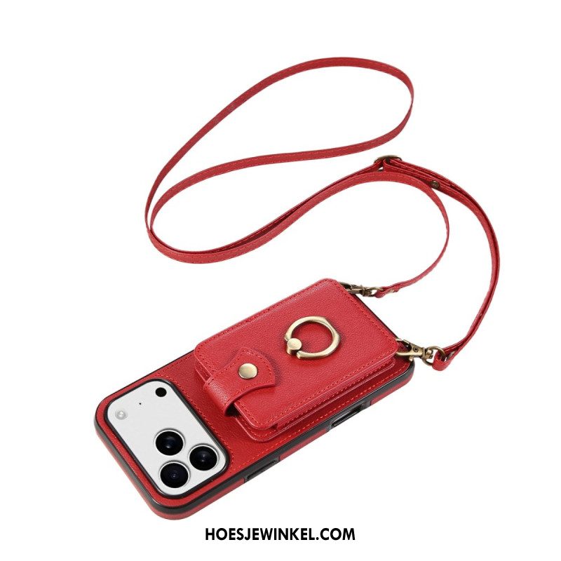 Hoesje iPhone 17 Pro Max Leerlook Met Kaarthouder En Polsband Bescherming Hoesje