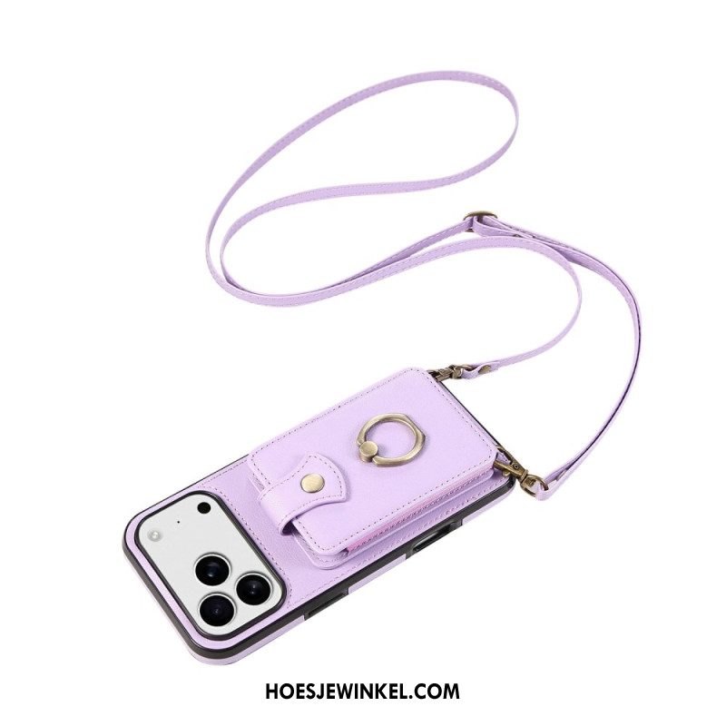 Hoesje iPhone 17 Pro Max Leerlook Met Kaarthouder En Polsband Bescherming Hoesje