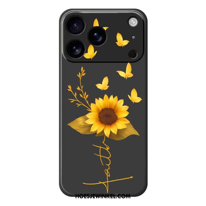 Hoesje iPhone 17 Pro Vloeibare Siliconen Met Zonnebloem En Vlinders Bescherming Hoesje