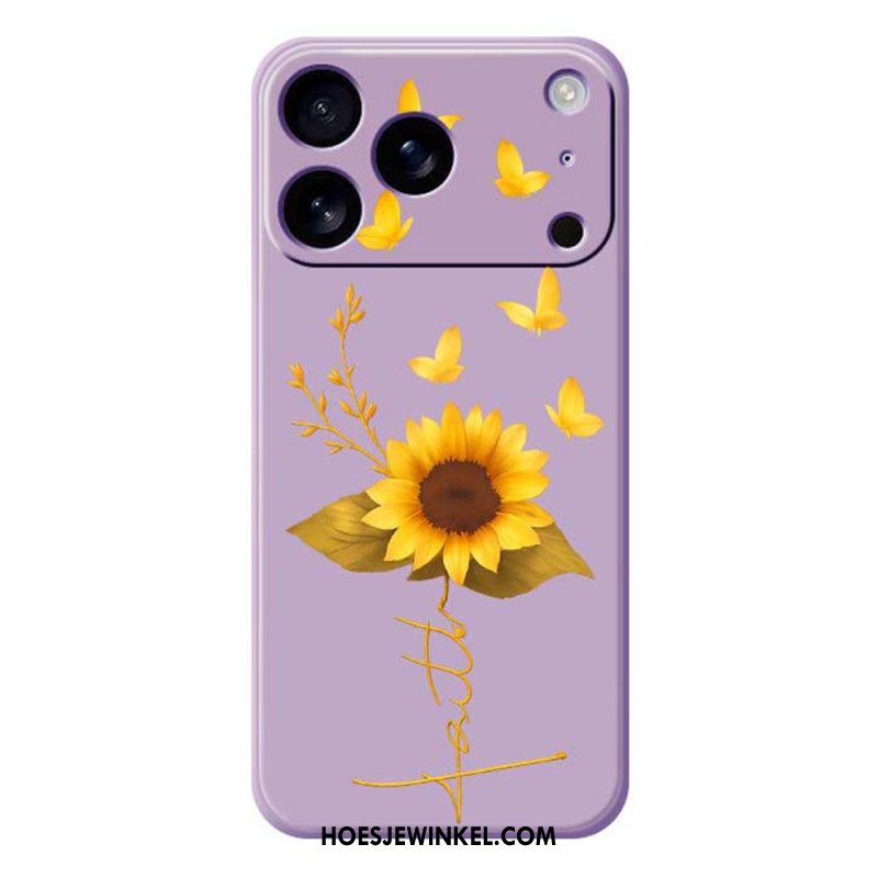 Hoesje iPhone 17 Pro Vloeibare Siliconen Met Zonnebloem En Vlinders Bescherming Hoesje