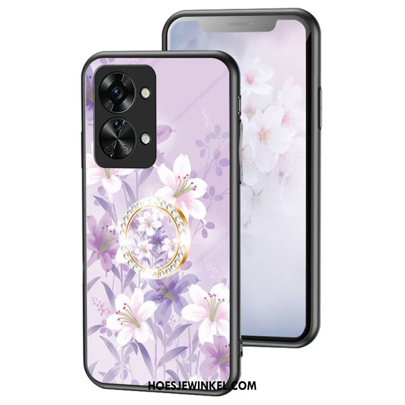 Hoesje voor OnePlus Nord 2T 5G Gehard Glas Bloemen Ring Diamanten