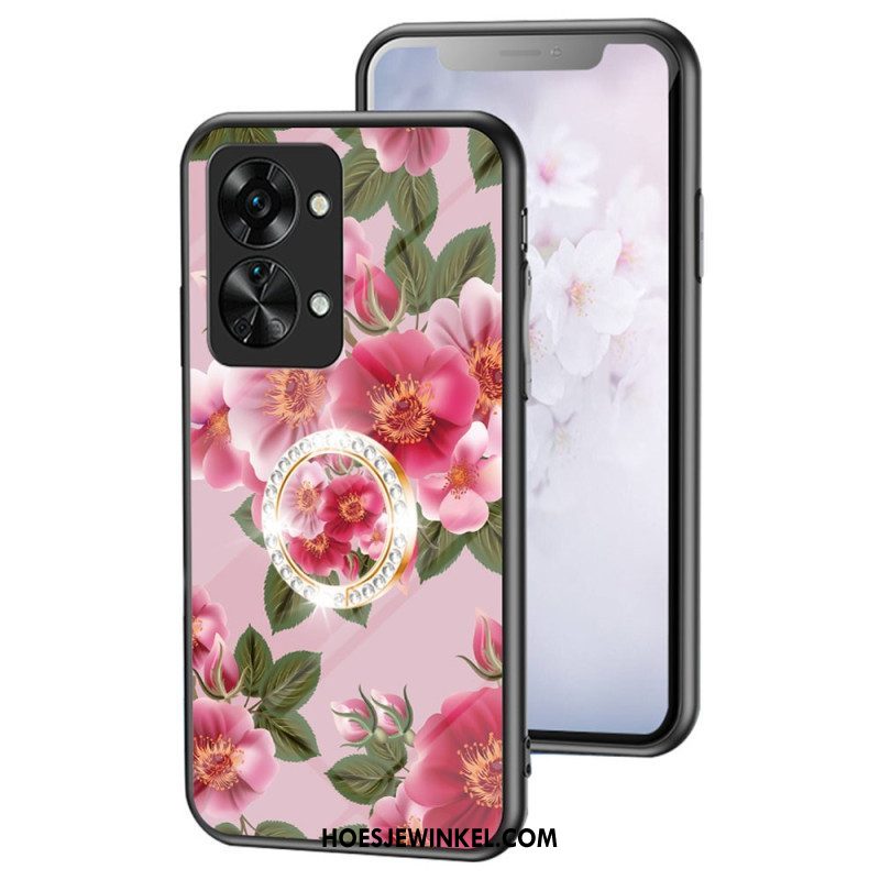 Hoesje voor OnePlus Nord 2T 5G Gehard Glas Bloemen Ring Diamanten