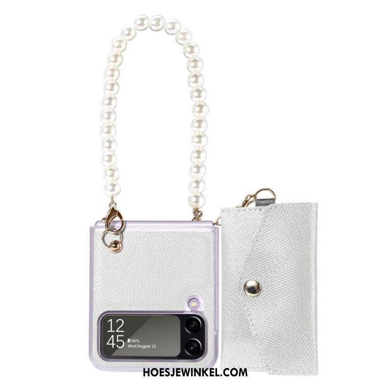 Hoesje voor Samsung Galaxy Z Flip 4 Folio-hoesje Kaarthouder En Lanyard Beads