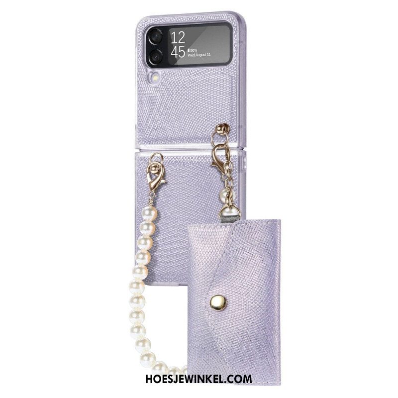 Hoesje voor Samsung Galaxy Z Flip 4 Folio-hoesje Kaarthouder En Lanyard Beads