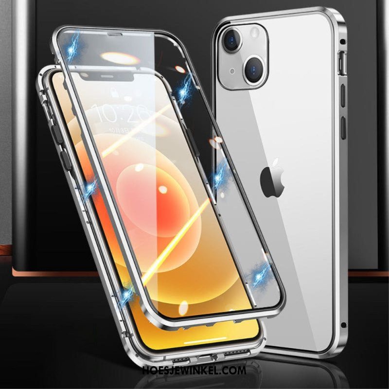 Hoesje voor iPhone 15 Plus Metalen Frame Voor En Achter Van Gehard Glas