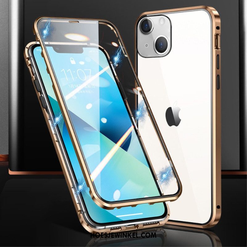 Hoesje voor iPhone 15 Plus Metalen Frame Voor En Achter Van Gehard Glas