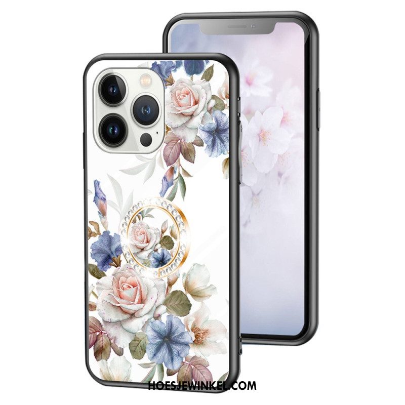 Hoesje voor iPhone 15 Pro Gebloemd Gehard Glas Met Steunring