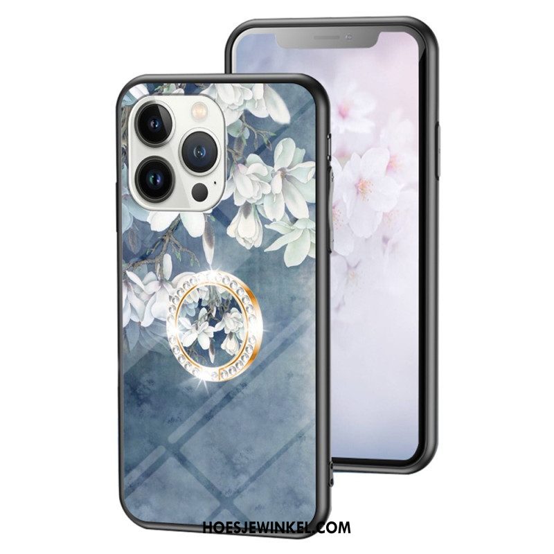 Hoesje voor iPhone 15 Pro Gebloemd Gehard Glas Met Steunring