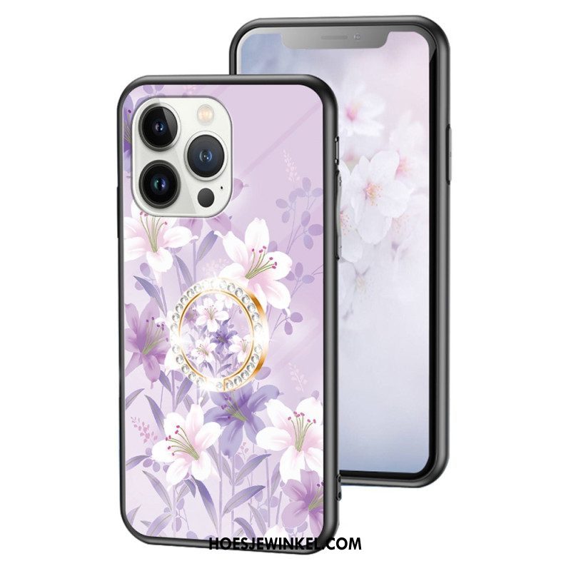 Hoesje voor iPhone 15 Pro Gebloemd Gehard Glas Met Steunring