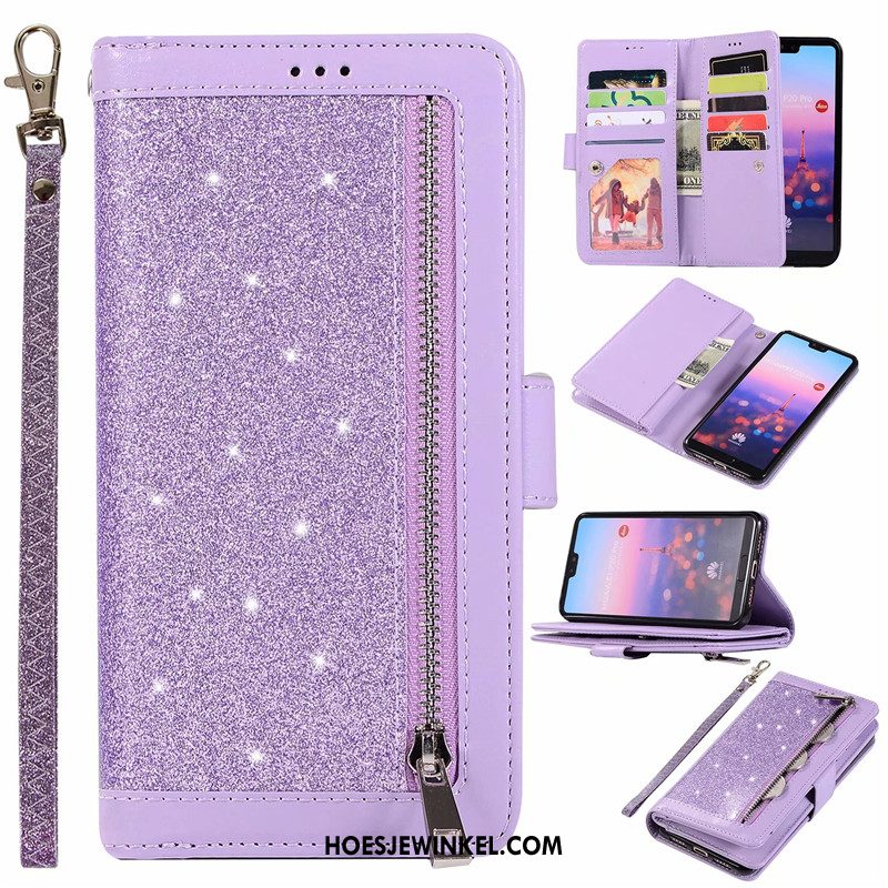 Honor 20 Pro Hoesje Portemonnee Echt Leer Kaart Tas, Honor 20 Pro Hoesje Roze Purper