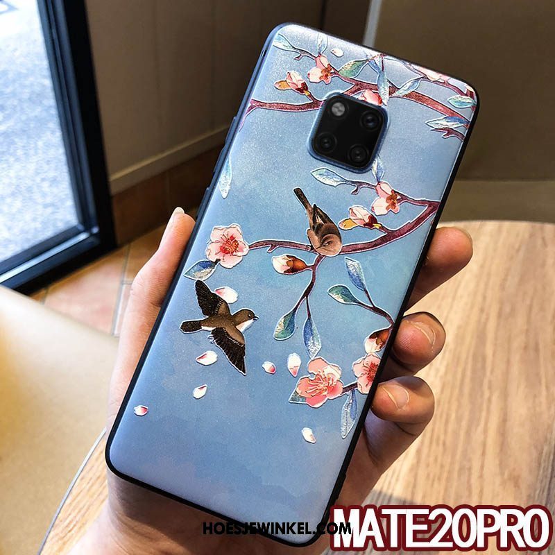 Huawei Mate 20 Pro Hoesje Reliëf Bloemen Blauw, Huawei Mate 20 Pro Hoesje Scheppend Siliconen