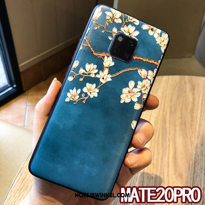 Huawei Mate 20 Pro Hoesje Reliëf Bloemen Blauw, Huawei Mate 20 Pro Hoesje Scheppend Siliconen