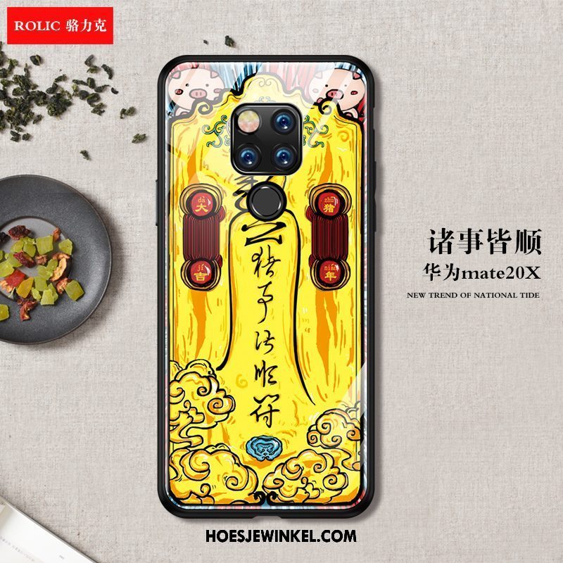 Huawei Mate 20 X Hoesje Chinese Stijl Glas Zacht, Huawei Mate 20 X Hoesje Mobiele Telefoon Blauw
