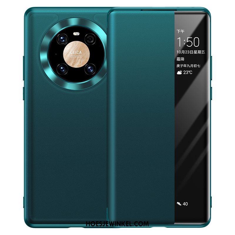 Huawei Mate 40 Hoesje Hoes Leer Echt Leer, Huawei Mate 40 Hoesje Bescherming Groen