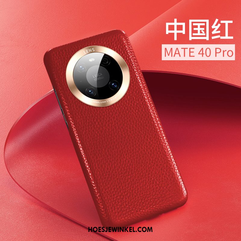 Huawei Mate 40 Pro Hoesje Leren Etui Leer Rood, Huawei Mate 40 Pro Hoesje Mobiele Telefoon Echt Leer