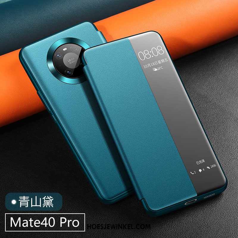 Huawei Mate 40 Pro Hoesje Leren Etui Nieuw Echt Leer, Huawei Mate 40 Pro Hoesje Blauw Anti-fall