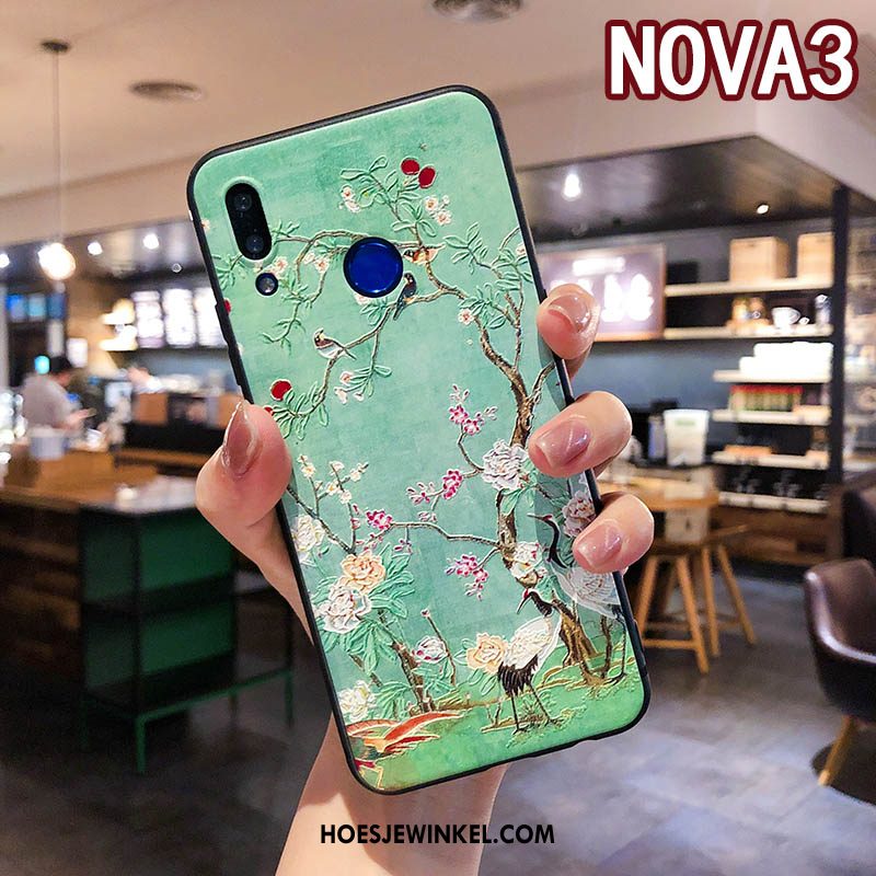 Huawei Nova 3 Hoesje Ring Opknoping Nek Groen, Huawei Nova 3 Hoesje Chinese Stijl Bloemen