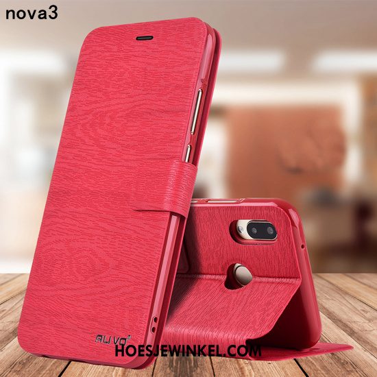 Huawei Nova 3 Hoesje Scheppend Rood Leren Etui, Huawei Nova 3 Hoesje Anti-fall Bescherming