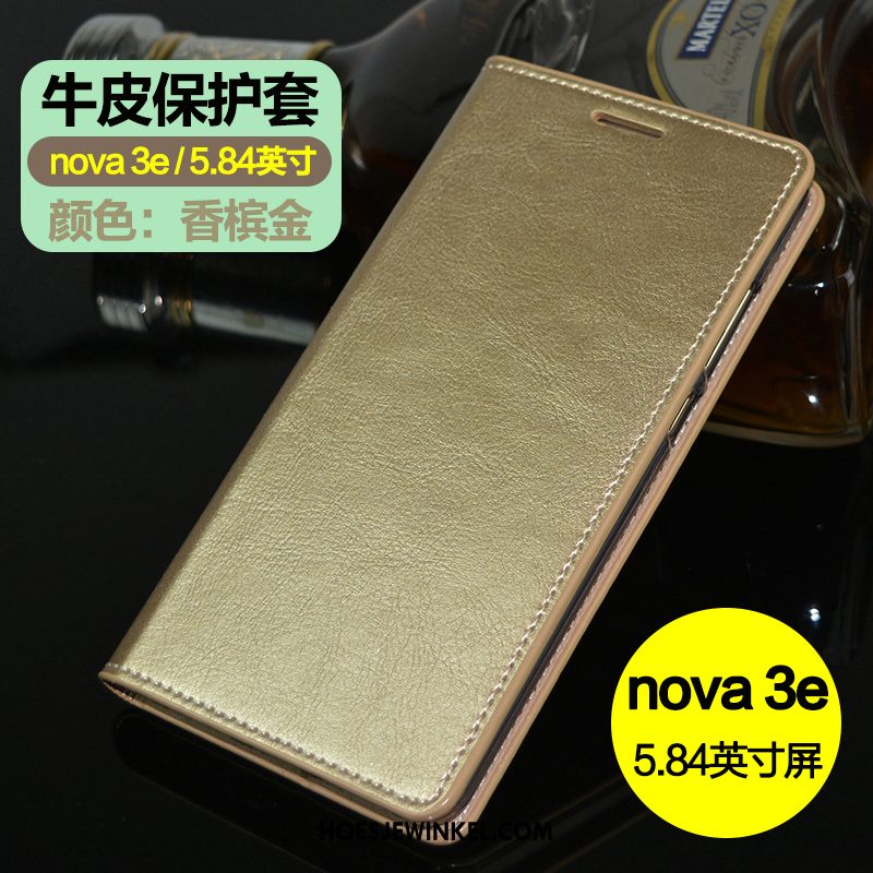 Huawei Nova 3e Hoesje Bedrijf Goud Echt Leer, Huawei Nova 3e Hoesje Mobiele Telefoon Clamshell