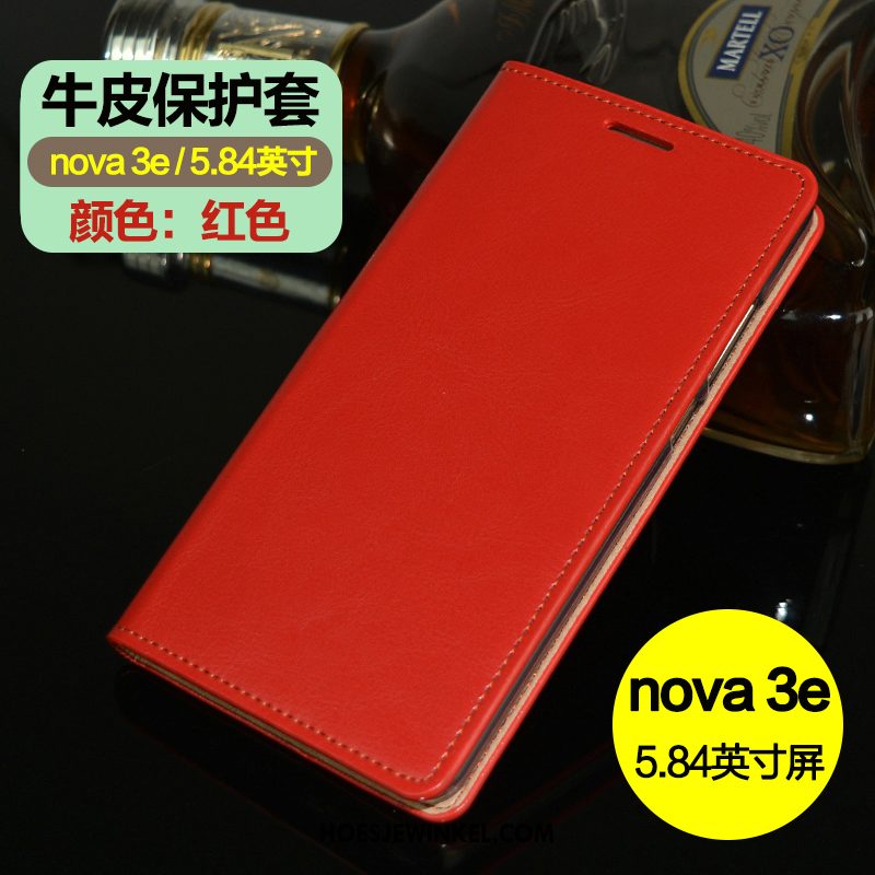 Huawei Nova 3e Hoesje Bedrijf Goud Echt Leer, Huawei Nova 3e Hoesje Mobiele Telefoon Clamshell