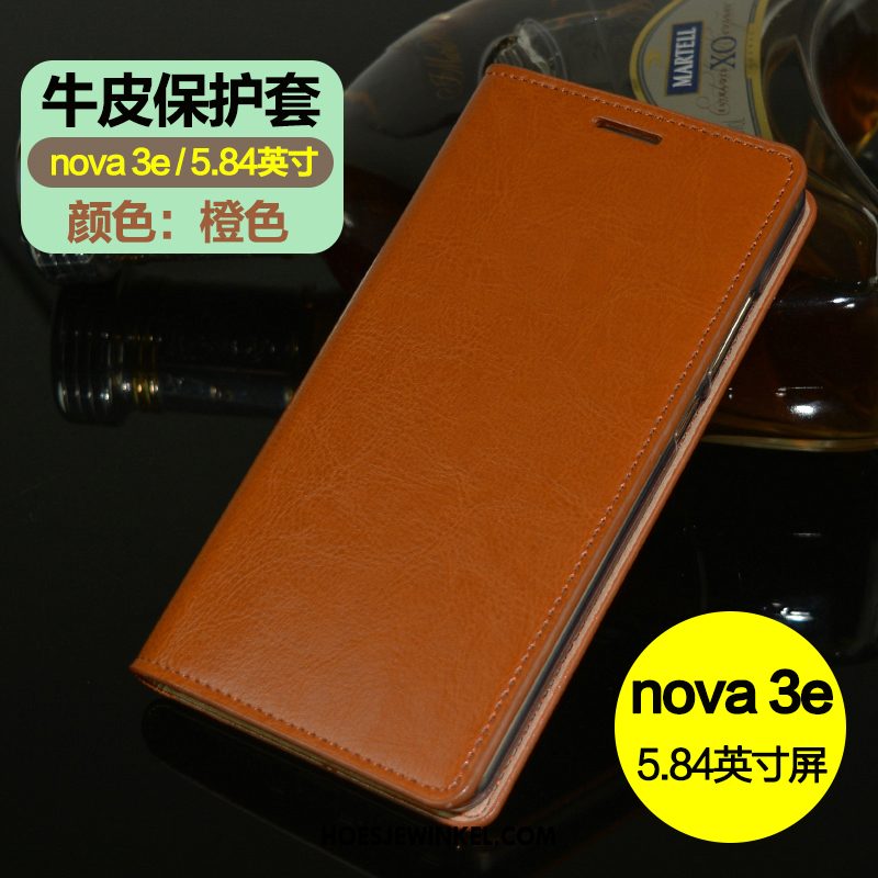 Huawei Nova 3e Hoesje Bedrijf Goud Echt Leer, Huawei Nova 3e Hoesje Mobiele Telefoon Clamshell