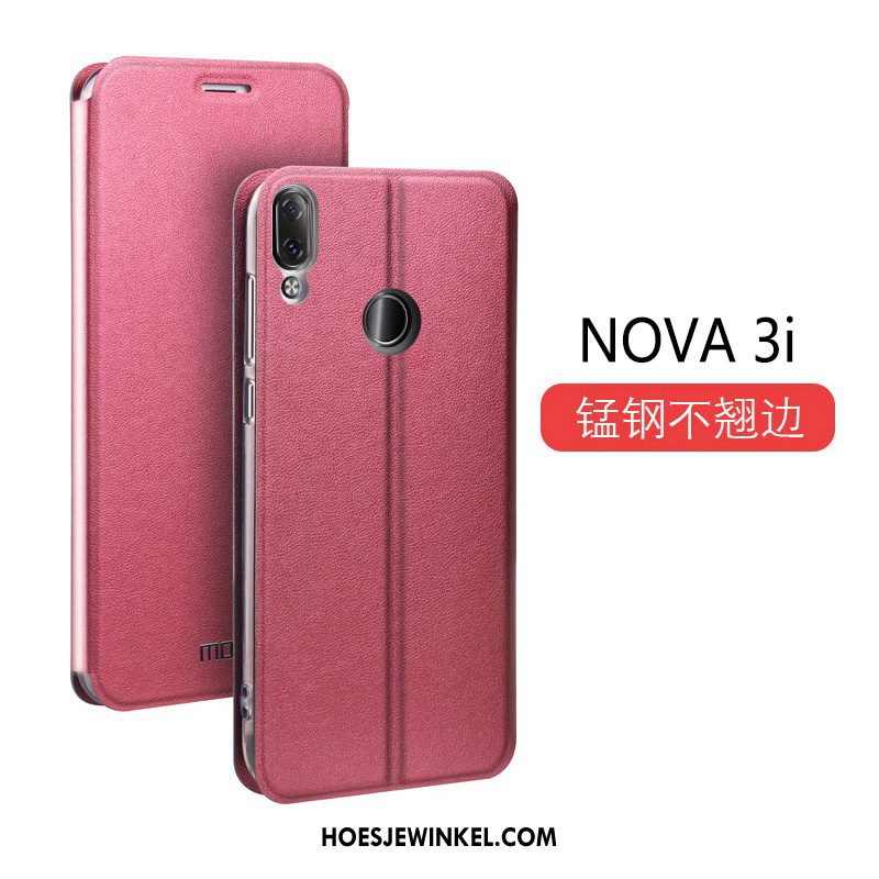 Huawei Nova 3i Hoesje Nieuw Leren Etui Trend, Huawei Nova 3i Hoesje Zwart Clamshell