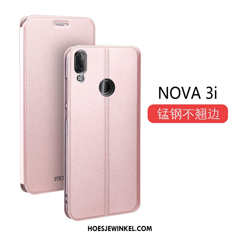 Huawei Nova 3i Hoesje Nieuw Leren Etui Trend, Huawei Nova 3i Hoesje Zwart Clamshell