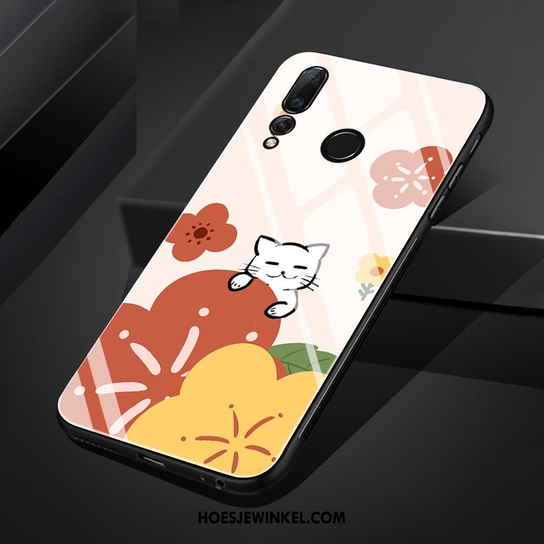 Huawei P Smart+ 2019 Hoesje Bloemen Wit Kat, Huawei P Smart+ 2019 Hoesje Hoes Mobiele Telefoon