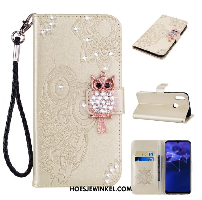 Huawei P Smart 2019 Hoesje Met Strass Kat Leren Etui, Huawei P Smart 2019 Hoesje Hanger Goud