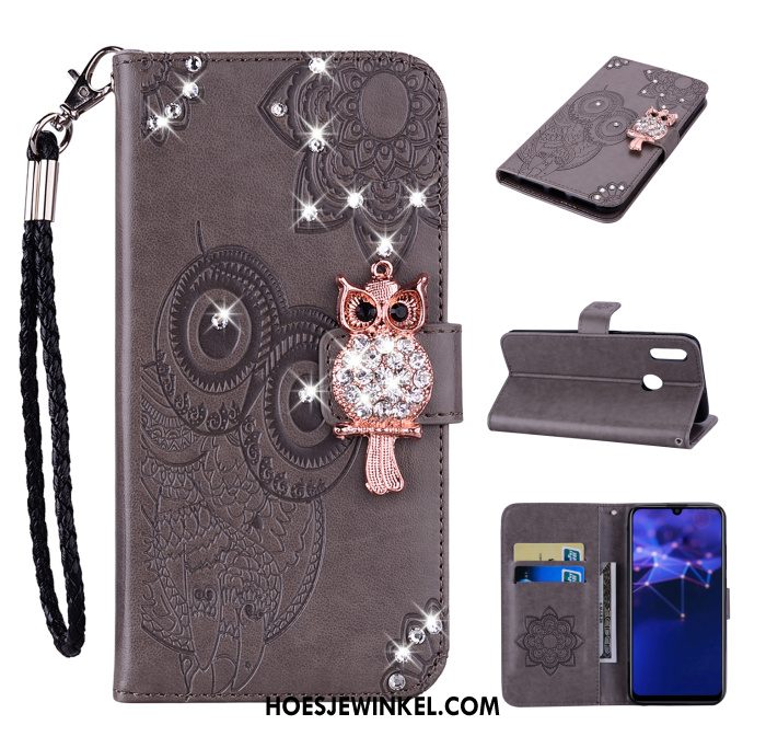 Huawei P Smart 2019 Hoesje Met Strass Kat Leren Etui, Huawei P Smart 2019 Hoesje Hanger Goud