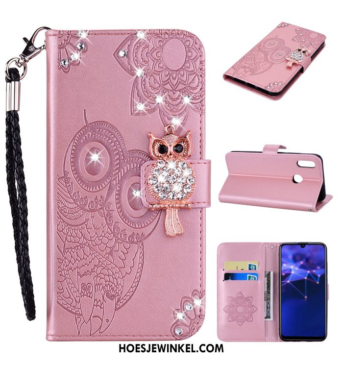 Huawei P Smart 2019 Hoesje Met Strass Kat Leren Etui, Huawei P Smart 2019 Hoesje Hanger Goud