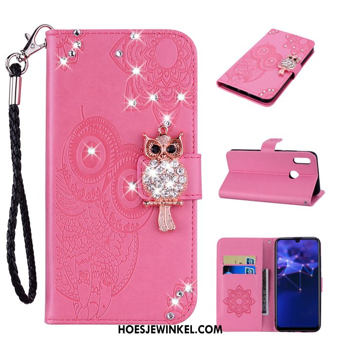 Huawei P Smart 2019 Hoesje Met Strass Kat Leren Etui, Huawei P Smart 2019 Hoesje Hanger Goud