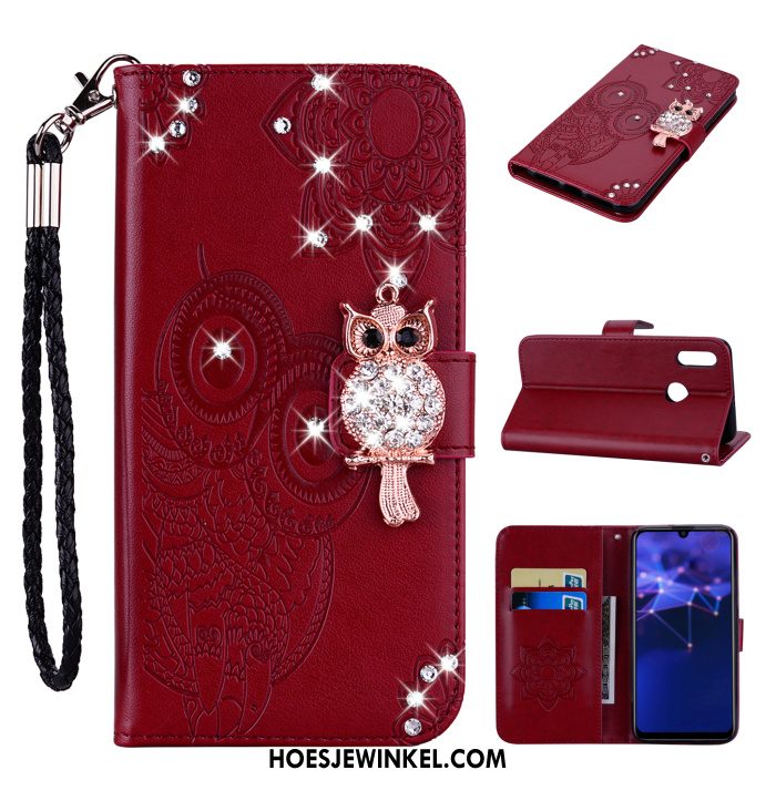 Huawei P Smart 2019 Hoesje Met Strass Kat Leren Etui, Huawei P Smart 2019 Hoesje Hanger Goud