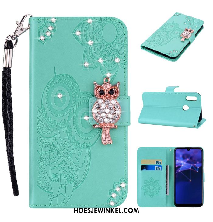 Huawei P Smart 2019 Hoesje Met Strass Kat Leren Etui, Huawei P Smart 2019 Hoesje Hanger Goud