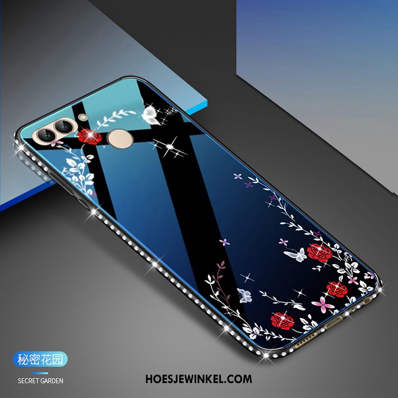 Huawei P Smart Hoesje Glas Blauw Met Strass, Huawei P Smart Hoesje Mobiele Telefoon Wit