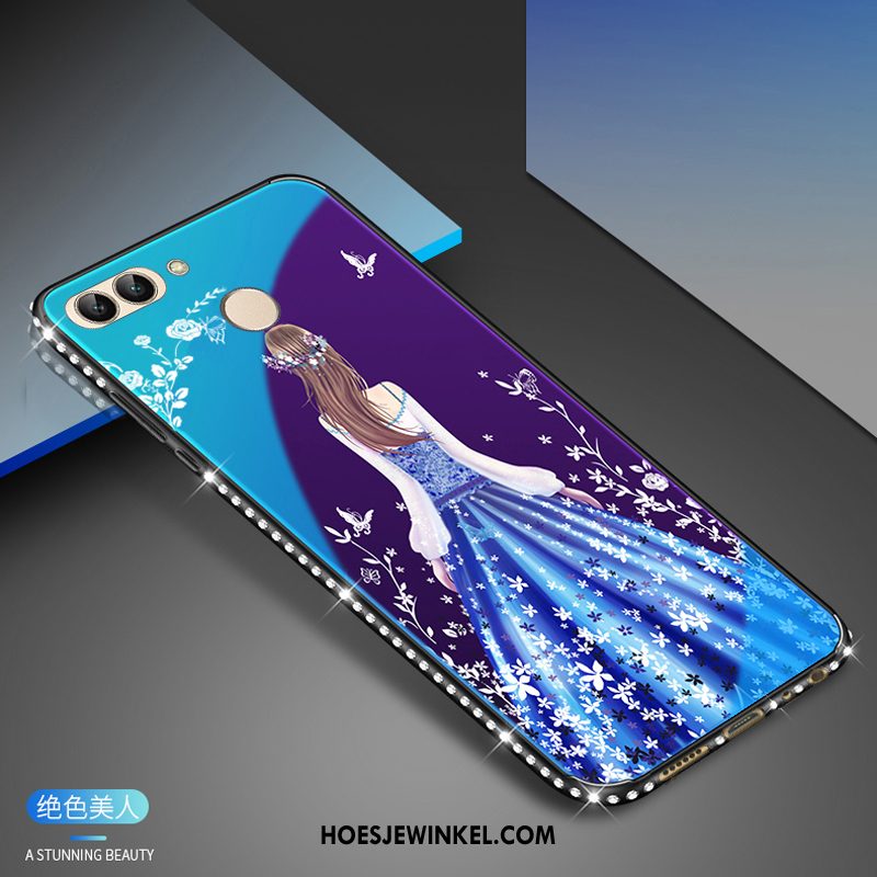 Huawei P Smart Hoesje Glas Blauw Met Strass, Huawei P Smart Hoesje Mobiele Telefoon Wit