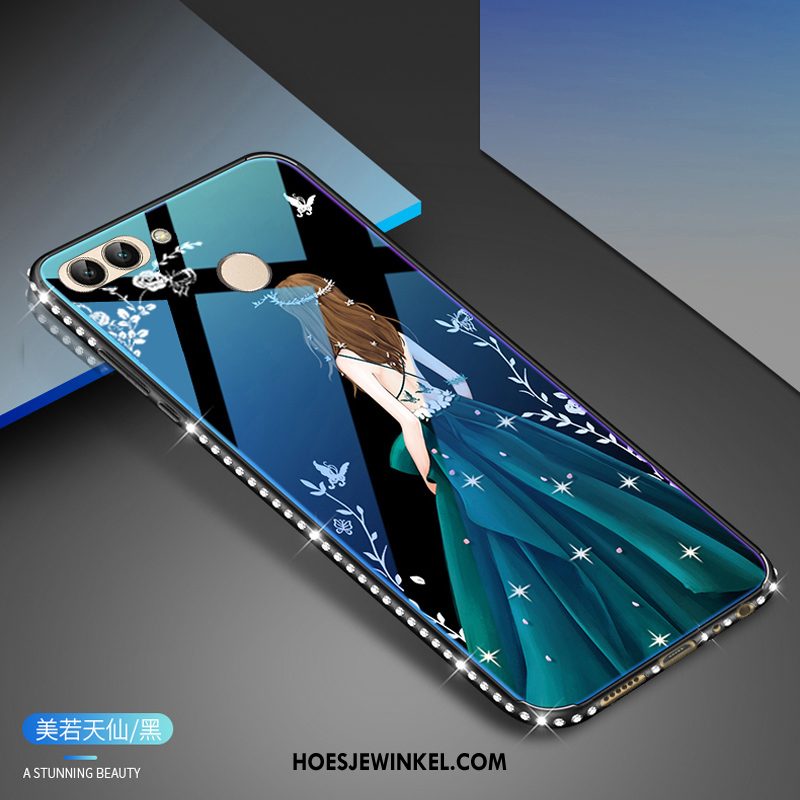 Huawei P Smart Hoesje Glas Blauw Met Strass, Huawei P Smart Hoesje Mobiele Telefoon Wit