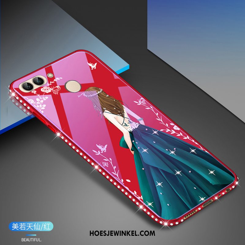 Huawei P Smart Hoesje Glas Blauw Met Strass, Huawei P Smart Hoesje Mobiele Telefoon Wit