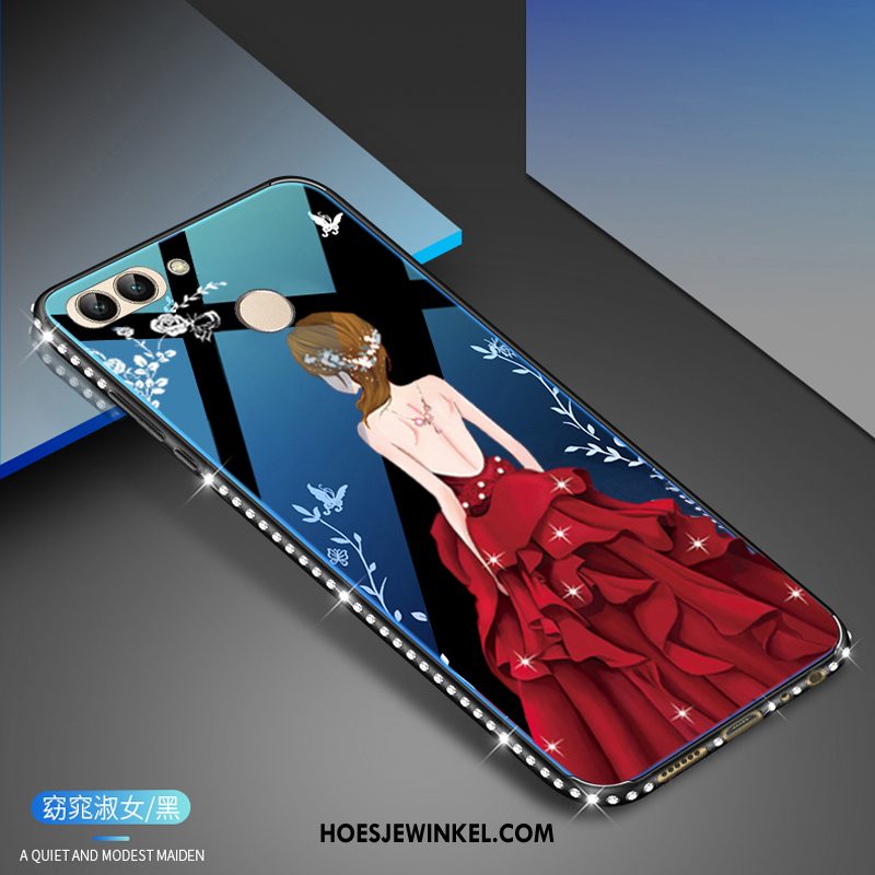 Huawei P Smart Hoesje Glas Blauw Met Strass, Huawei P Smart Hoesje Mobiele Telefoon Wit