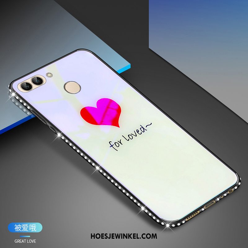 Huawei P Smart Hoesje Glas Blauw Met Strass, Huawei P Smart Hoesje Mobiele Telefoon Wit