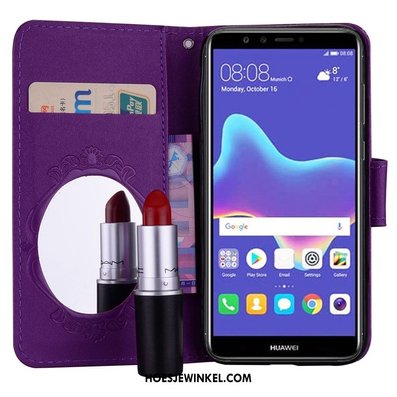 Huawei P Smart Hoesje Purper Ondersteuning Folio, Huawei P Smart Hoesje Kaart Leren Etui