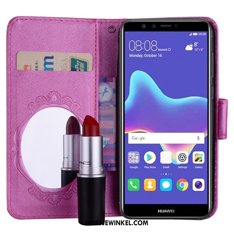 Huawei P Smart Hoesje Purper Ondersteuning Folio, Huawei P Smart Hoesje Kaart Leren Etui