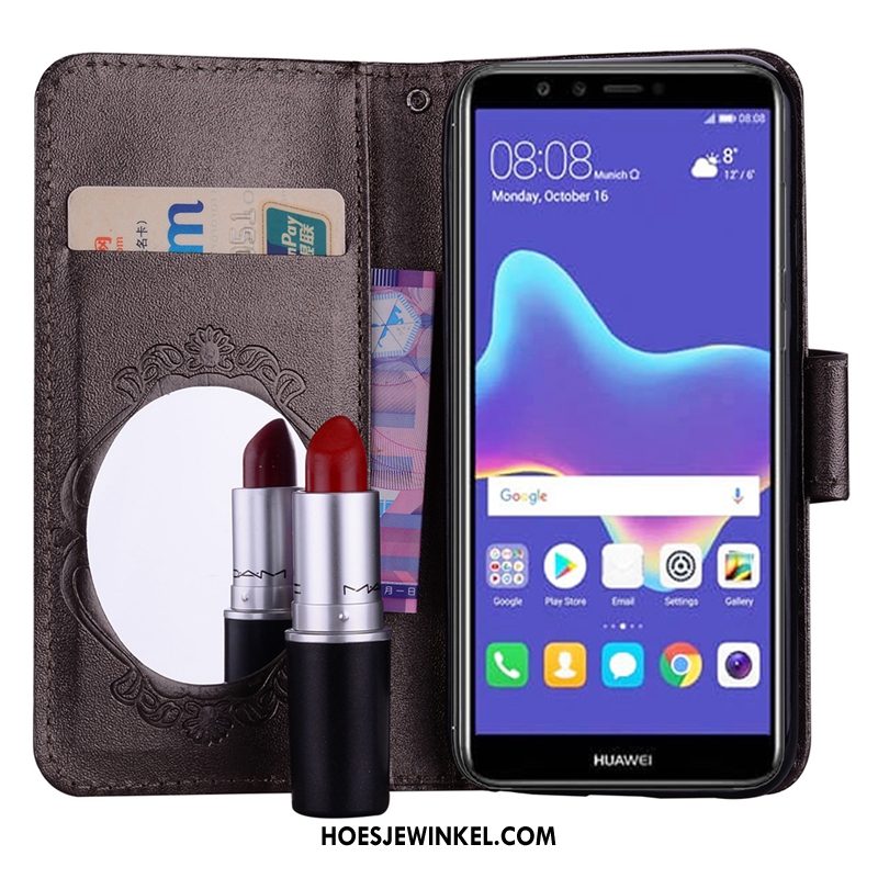 Huawei P Smart Hoesje Purper Ondersteuning Folio, Huawei P Smart Hoesje Kaart Leren Etui