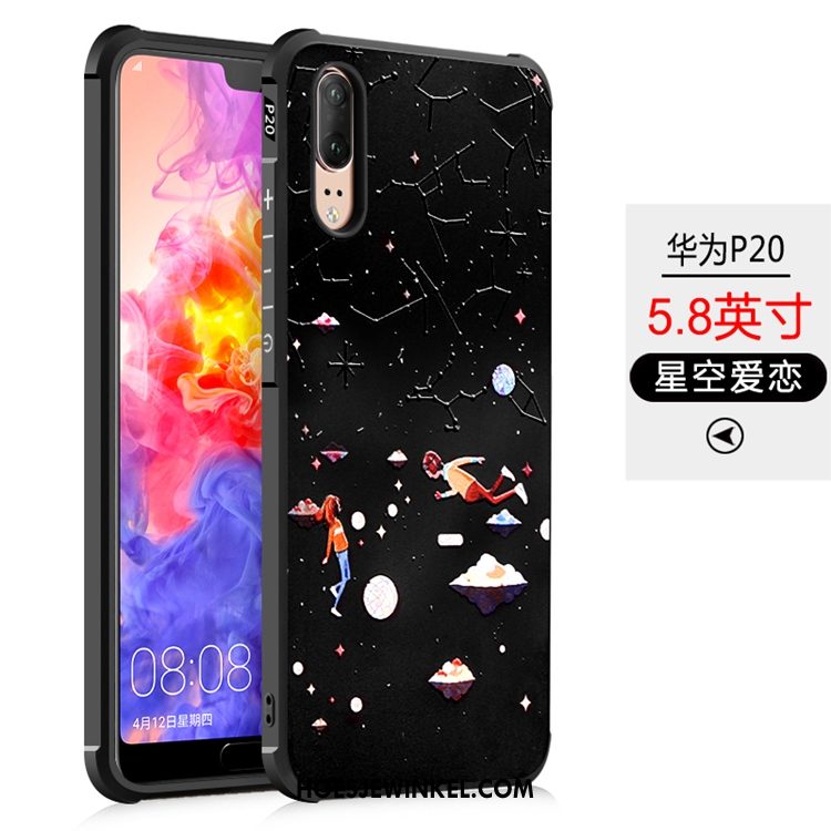 Huawei P20 Hoesje Mobiele Telefoon Anti-fall Reliëf, Huawei P20 Hoesje All Inclusive Zwart